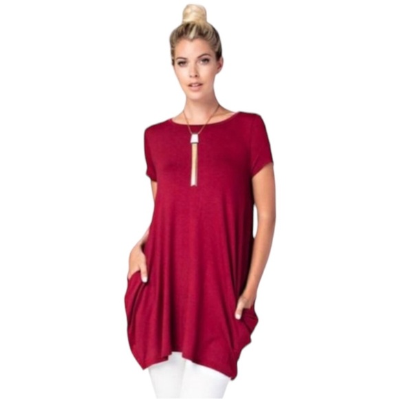 Love In Womans Size L Tunic Top Dress boho Blouson Oversized Red Wine Pocket - Picture 2 of 13